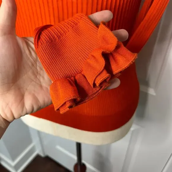 Anne Fontaine Women's Cardigan Size 46 14 Orange Ruffle Knit Ribbed V-Neck